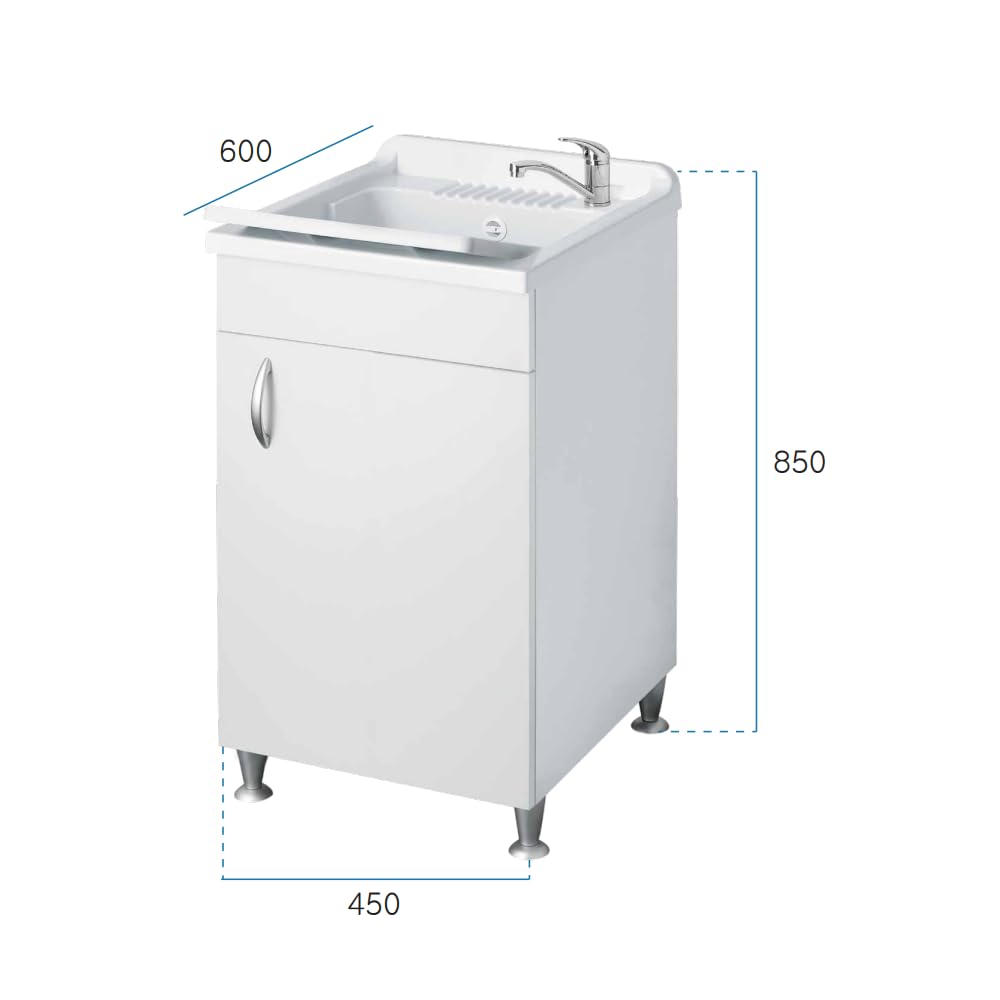Negrari Eco Bianco Lavatoio Misura 45x60 L45 P60 H85 CM Lavapanni Interno Bagno Base Legno Vasca Lavabo Plastica Asse PP Sifone Piedini Regolabili Ante Sportelli Battenti Economico Qualità Medio Alta