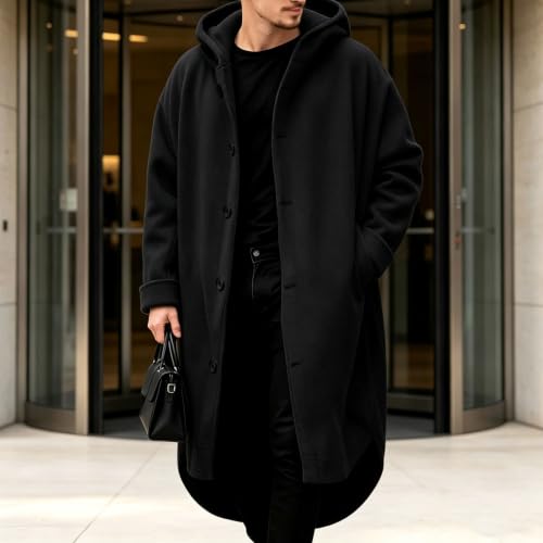 Mens Trench Coat Single Breasted Long Pea Coat Hooded Winter Overcoa - image 3