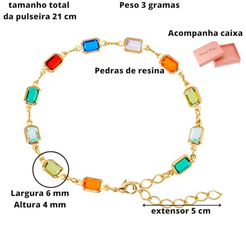 Pulseira feminina Com Pedras Coloridas Banhada à Ouro 18k e Antialérgica