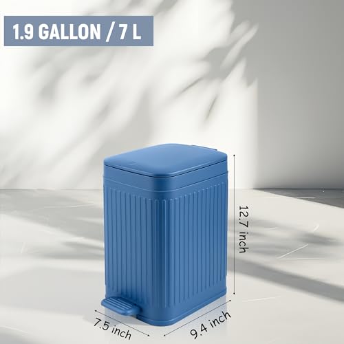 Image of rejomiik Small Bathroom Trash Can with Lid Slim Soft Close Garbage Can Step Wastebasket Container Trash Bin for Office Bedroom Kitchen Living Room 1.9 Gallon, Navy Blue