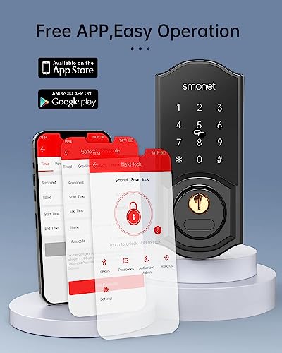 Smart Deadbolt, Smonet Keyless Entry Door Lock With Digital Keypad, Electronic Smart Locks For Front Door Bluetooth Touchscreen Lock Security, Remote Lock With Alexa And Gateway For Residential Home #TOP6