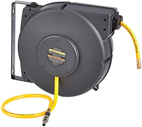 Amazon Commercial Retractable Air Hose Water Reel, Polypropylene Plastic, 9.5 mm x 15 m Hybrid Polymer Hose, Max. 20 BAR - Grey, Yellow, Black