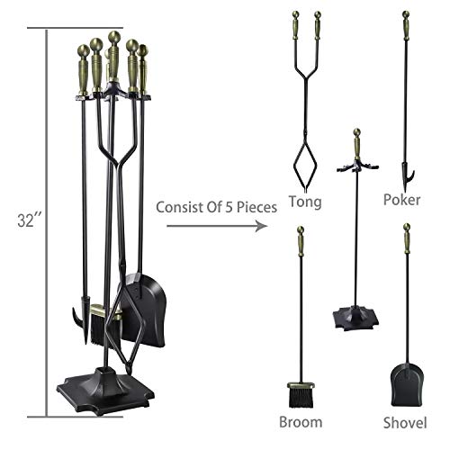 WBHome Fireplace Tool Set 5 Piece Rustic Heavy Duty Compact Wrought Iron Fire Place Tools Set with Pedestal Place, 32 inch(Brass Handle) - Thumbnail 2