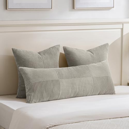 Image of Fancy Homi Set of 2 Neutral Grey Boho Long Lumbar Body Decorative Throw Pillow Cover 14x36 Inch for Bed Couch Bedroom Bench, Soft Patchwork Corduroy Textured Pillow Case, Rustic Farmhouse Room Decor