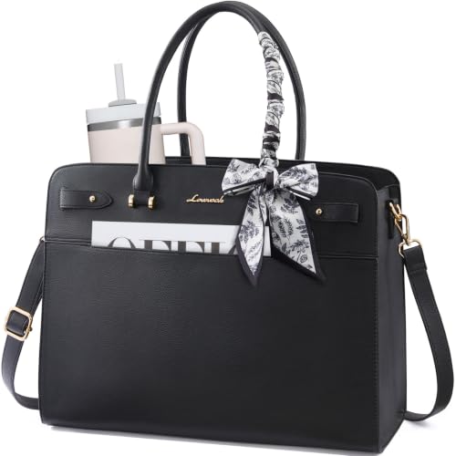 LOVEVOOK Laptop Tote Bag for Women 15.6 Inch PU Leather Work Bag Waterproof Computer Briefcase Handbag for Teacher Business Office with Silk Scarf Black