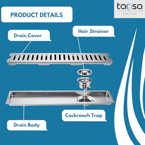 Image of Tapsa Wave Floor Drain Channel Chrome| 304 Stainless Steel | Invisible Shower Drain Channel | 24 x 4 Inches | Waste Water Floor Drain for 60x10 mm Tile | Drainer Channel | Anti Cockroach Trap | Silver