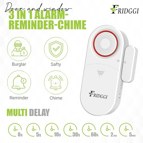 Fridggi FRIDGGI-125691 3In1 Alarm - Door Ajar Alarm, Door Chime With Delay, 0/5/10/30/60 Seconds, 2/5 Minutes, Close Door Reminder, 80 To 120 Db, Time Delay Door Alarm When Left Open thumb #1