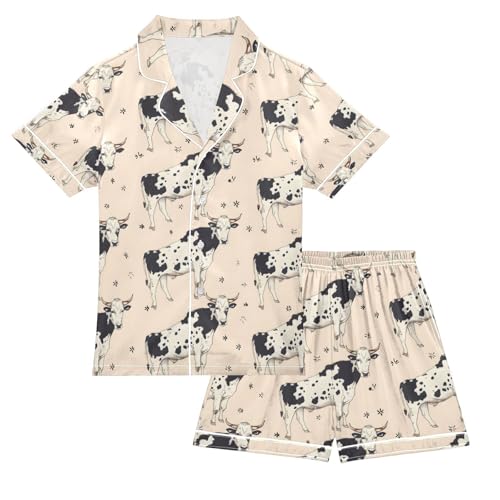 ALAZA Cow Cartoon Stylish Pajamas Satin Pajama Set Short Sleeve Button Down Sleepwear