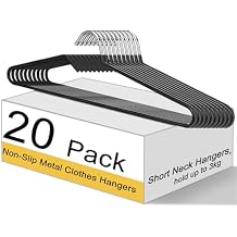Leumoi 20 Pack Short Neck Hangers Non-Slip Metal Hangers for Clothes, Pants, Shirts, Tank Tops, Jackets, Space Saving, Short Neck Household Collar Protection Black