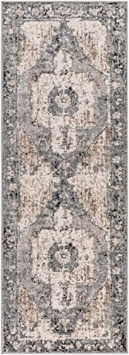 BoutiqueRugs Newalla Bohemian Oriental Medallion Runner Rug - Farmhouse Traditional Floral Carpet for Hallway - Gray, Blue, Cream - 2'7