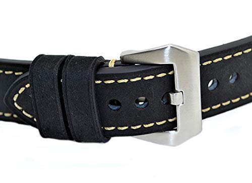 Black 22Mm Genuine Leather Wristwatch Watch Band Oil Tan Vintage Watchband For Men With Stainless Buckle #TOP1