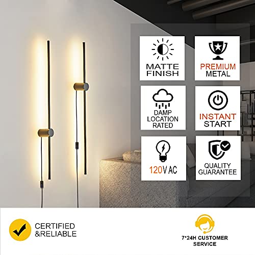 Image of Modern Plug in Wall Sconce Set of 2 LED Black Wall Lights with Plug in Cord On /Off Switch 39 3 /8 inches Warm White Wall Mounted Deco Lamp for Living Room Bedroom(2-Pack)
