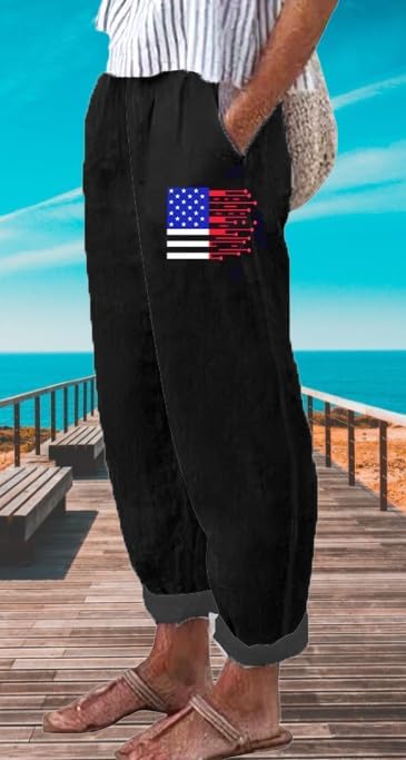 Women's Summer Boho Pant Casual Floral Print Cotton Linen Baggy Pants with Elastic Waist Relax Loose Fit Trouser - Image 3