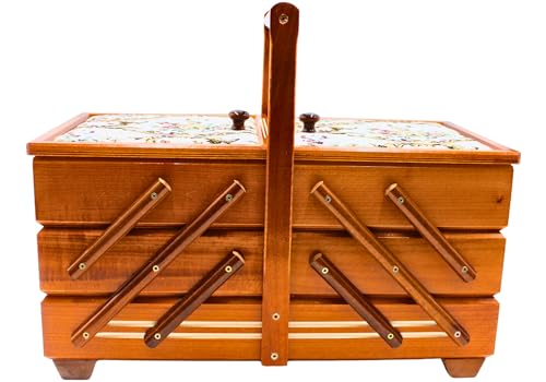 Scatola da cucito di alta qualità in legno impiallacciato con 7 scomparti e rivestimento in tessuto a forma di rosa in mogano, lunghezza 42 x larghezza 20 x 21 cm