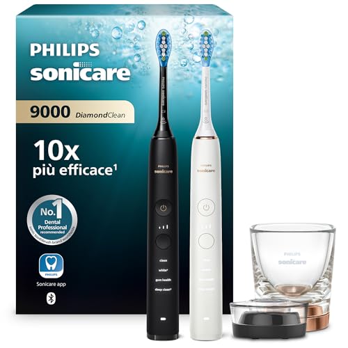 Philips Sonicare DiamondClean 9000 spazzolino elettrico sonico con app, sensore di pressione, 4 modalità di pulizia, bicchiere di ricarica, colore nero e oro rosa, confezione doppia, HX9914/57