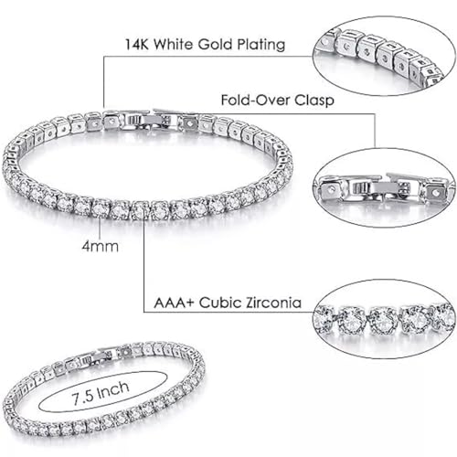 4mm Cubic Zirconia Tennis Bracelet Stainless Steel Silver Chain for women, 18K Gold/Silver Plated Classic Tennis Bracelet 7 inches2