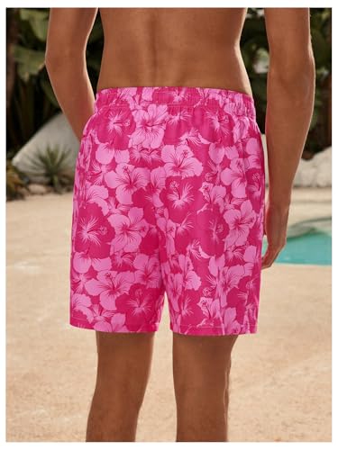 WDIRARA Men's Floral Print Swim Trunks Drawstring Waist Hawaiian Beach Shorts with Pockets3