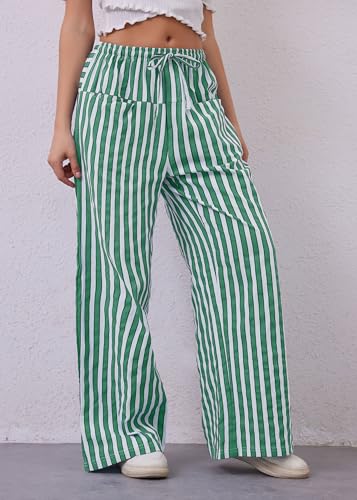 Image of MISSACTIVER Women Drawstring Striped Pants Loose Wide Leg Trousers Casual Low Waist Pants Comfy Lounge Pants with Pockets