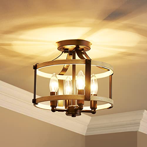 Agv Lighting Cl021 Semi Flush Mount Ceiling Light Fixture, 3-Light Close To Ceiling Light, D12 X H10, White Ash Wood Texture & Matte Black Finish Frame #TOP1
