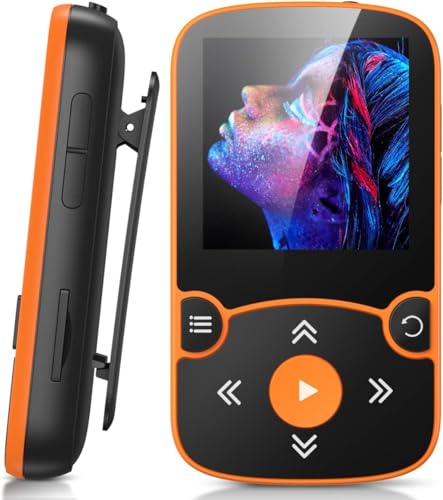AGPTEK 64GB Clip Reproductor MP3 Deportivo Bluetooth 5.3,HiFi MP3 Player Portátil sin Pérdida, Radio FM, Podómetro Inteligente, Fotos, Grabaciones, Libro Electrónico, Soporta hasta 128 GB, Naranja