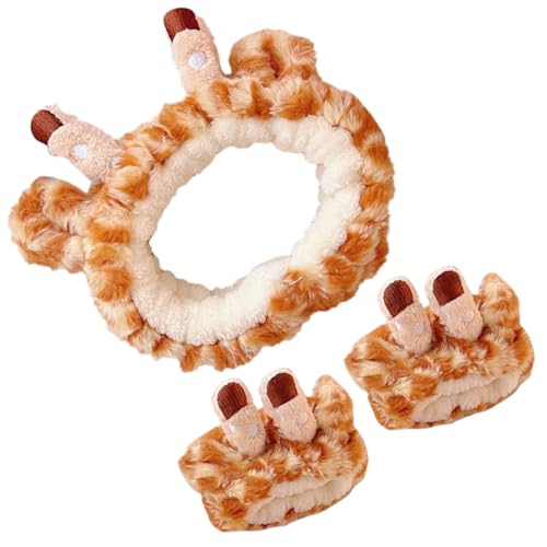 Hohopeti Diadema Cabello y Pulsera para Lavarse la Cara Diseño de Jirafa, Esponjosa, Color Amarillo, Set de 2 Piezas, Adecuado para Maquillaje y Cuidado Facial en Mujeres y Niñas