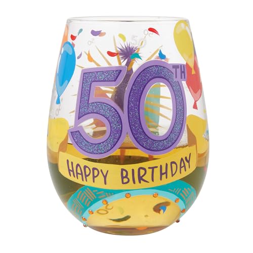 Enesco Lolita Designs Happy 50th Birthday Hand-Painted Artisan Stemless Wine Glass, 20 Ounce, Multicolor by Enesco - Used condition - Image 2