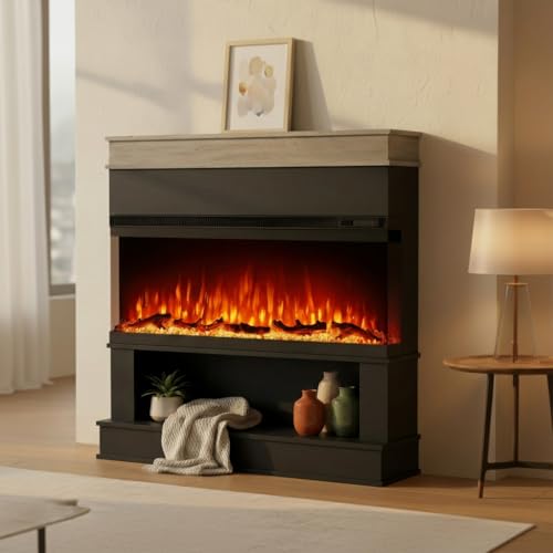 ERGOSOFT 42" Electric Fireplace with Mantel, 40" 3-Sided Open View Electric Fireplaces with Open Storage, Low Noise Heat, Remote & Touch Control, Timer, Adjustable Flame Color & Brightness, Black
