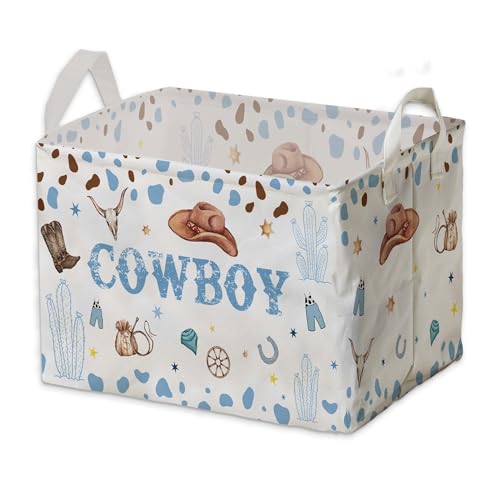 Image of Western Basket for Cowboy Nursery Decor Boy, Blue White Brown Western Toy Bin, Cowboy Baby Shower Decorations, Large Squarecanvas Laundry Hamper With A Waterproof PECoating, Foldable