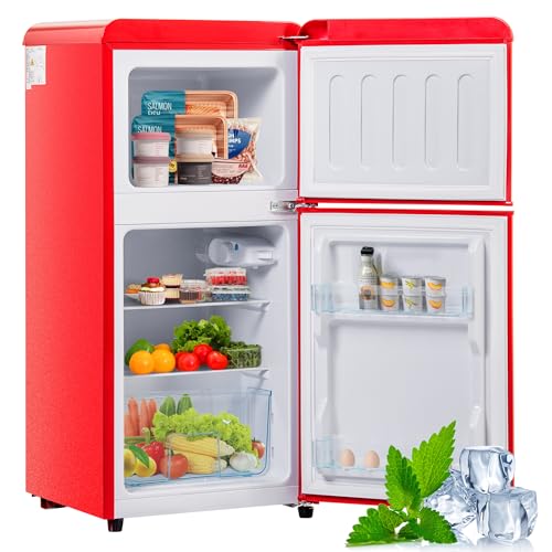 ZWJABYY Frigorífico Mini 60L,Frigorifico Pequeño con Congelador (22L+38L), Frigorifico Combi con LED,88,8x45,5x42cm Frigorífico no Frost con 2 Estantes Ajustables,102 kWh/año, -27°C∽13°C Red