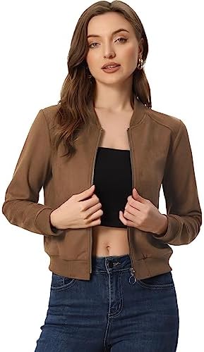 Allegra K Faux Suede Cropped Coat for Women's Stand Collar Zip Up...