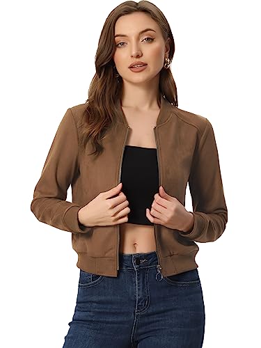 Allegra K Damen Crop Jacke Stehkragen Reißverschluss Faux Wildleder Biker...