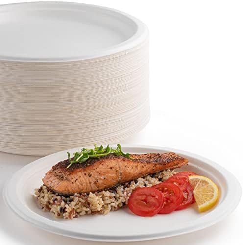 brheez 10 in. Disposable Plates Paper Plates Alternative Compostable Plates Heavy Duty [Pack of 110] Eco-Friendly 100% Natural Sugarcane Bagasse Fiber Biodegradable