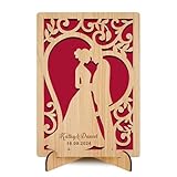 Personalised Wooden Wedding Card Gifts Mr and Mrs Gifts Anniversary Card with Any Name & Date Congratulations Wedding Day Greeting Cards for Bride Groom New Couple(Design 1)