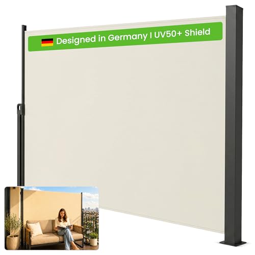 Image of CASARIA® Retractable Side Awning, Outdoor Privacy Screen 180 x 300 cm, for Garden, Balcony, Patio, Terrace, Extendable, Wind & Sun Protection, Cream