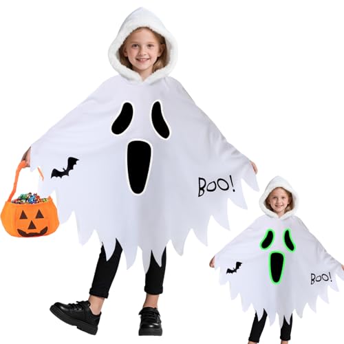 Gespenst Kostüm Kinder mit Leuchtendem,3-12 Jahre Halloween Kostüm Kinder Geist Umhang Weiß mit Kapuze & Kürbis Bag,Geistergesicht Boo Geister Kostüme Mädchen Jungen für Halloween Karneval Cosplay(S)