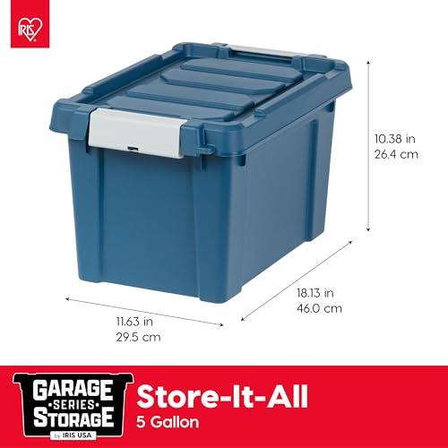 Image of IRIS USA 5 Gallon Eco-Friendly Lockable Storage Bins with Lids, 6 Pack - Made in USA, Heavy Duty, Stackable Containers, Garage Organizing Bins Moving Tubs, Rugged Sturdy Equipment Utility Box - Navy