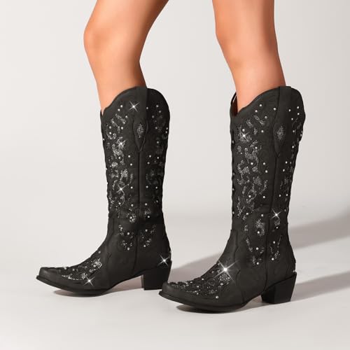 Western Cowboy Boots with Comfortable Calf Black Cowgirl Boot Women Sparkly Rhinestone Wedding Boots Trendy Vintage Tall Glitter Boot with Embroidery and Chunky Heel for Daily Wearing|Office|Party3