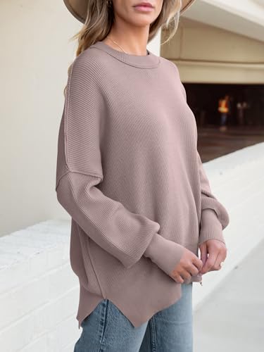 Image of ANRABESS Women Oversized Sweaters Batwing Long Sleeve 2026 Fall Outfits Crewneck Casual Knit Side Slit Fashion Pullover Top
