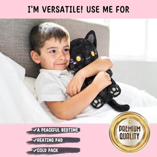 Image of Black Cat Microwavable 1.5 lbs Unscented Heating Pad for Women and Kids- Cute Soft Cozy Pillow Plush Heatable Warm Stuffed Animals - Kawaii Hot and Cold Plushie - Black Cat Gifts for Girls and Women