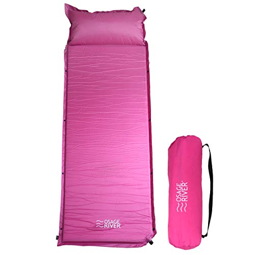 OSAGE RIVER Self Inflating Sleeping Pad with Built-in Pillow, Compact Memory Foam Sleep Mat, Camping Air Mattress for Tent, Travel, Backpacking, or Hiking, Pink