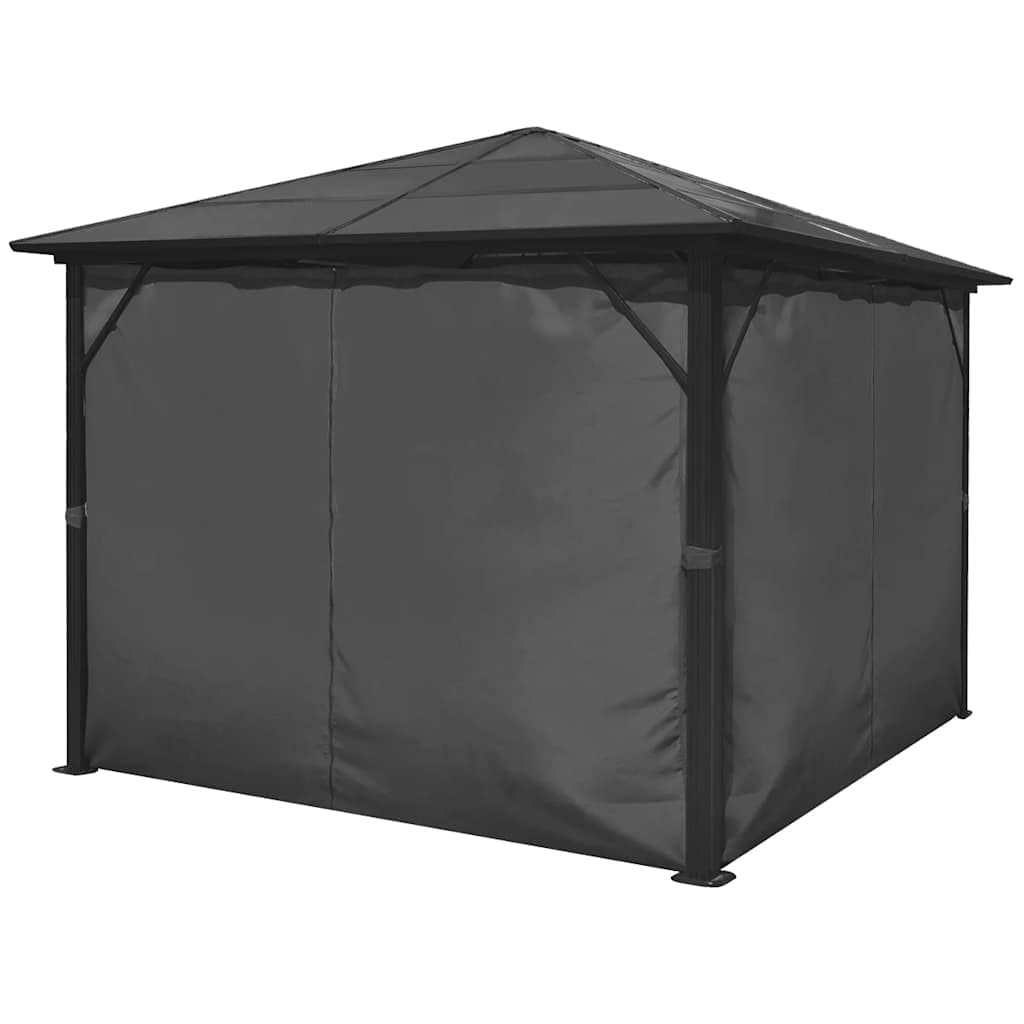 Aluminiowa altana 300 x 300 cm z zasłoną antracytową | Dach PC 6 mm, 4 ściany boczne z zamkiem błyskawicznym, zapięcia na rzepy, w zestawie mocowanie do podłogi