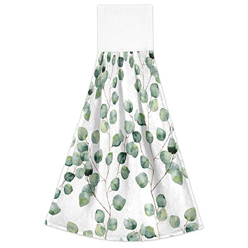 Yyzzh Watercolor Green Floral Pattern Eucalyptus Round Leaves Branch Silver Dollar Eucalyptus Kitchen Hand Towels With Hook & Loop Set Of 2 Absorbent Bath Hand Towel Hanging Tie Towel #TOP1