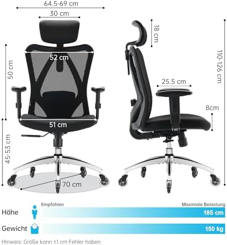 Bild 2 - SIHOO Bürostuhl Ergonomischer [TESTSIEGER] Schreibtischstuhl, Drehstuhl hat Verstellbarer Lordosenstütze, Kopfstütze und Armlehne, Höhenverstellung und Wippfunktion, bis 150kg/330LB Belastbar
