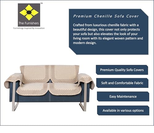 Image of Premium Chenille Woven Anti-Slip 2 Seater Sofa Cover with Arm Rest | L-Shape Sofa Seat Protector for Living Room | Durable & Stylish Slipcover - Beige 3D