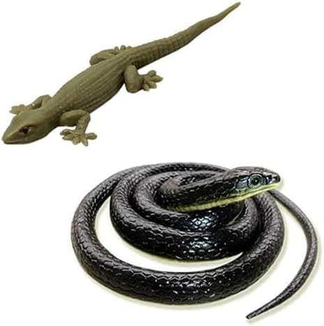 Image of YOOKO Brown Lizard and Black Fake Snake Combo Toys | Real Looking Rubber Lizard Toy | Original Look Chipkali Lizard Toy | Rubber Snake Prank Gadget for Kids and Adults (Pack of 1 Lizard & 1 Snake)