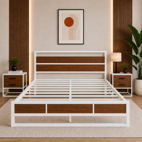 Image of King Size Metal Bed Frame with Wood Finish Headboard & Footboard | Heavy Duty Steel Platform Bed | White Powder Coated Frame | Noise Free | No Box Spring Required | Easy Assembly (White)