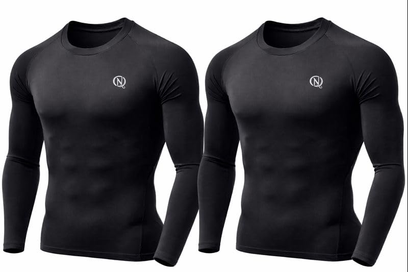 Image of NEVER QUIT Men's Compression Shirt Pack of 1 or 2 - Long Sleeve Quick Dry Base Layer T-Shirt for Gym, Running & Sports Workout