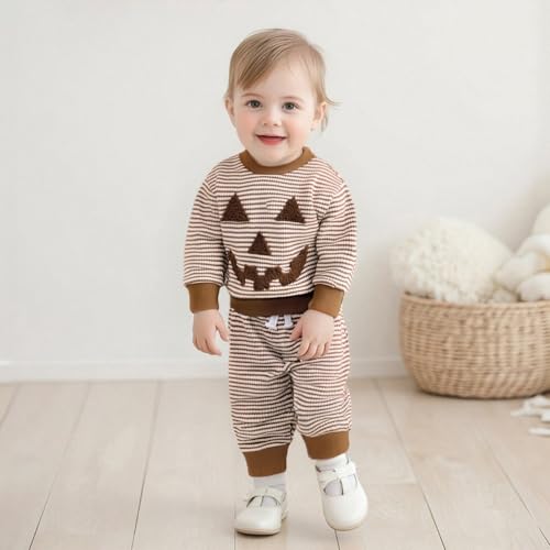 Toddler Baby Boy Girl Halloween Outfit Long Sleeve Stripes Pumpkin Sweatshirt Pants Set Infant Fall Winter Clothes3