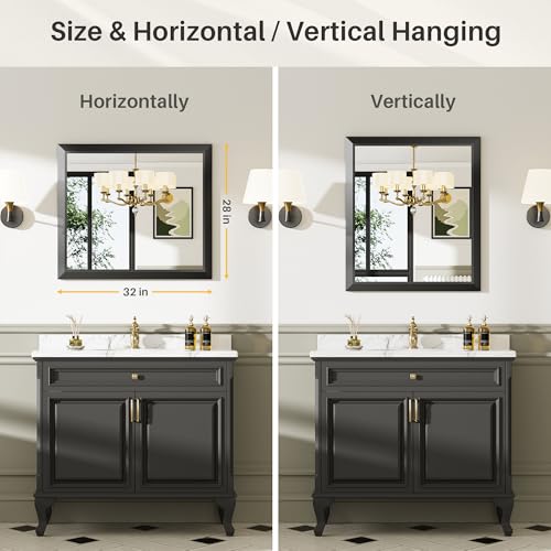 28x32 Inch Black Bathroom Mirror for Wall, Thick Metal Framed Rectangle Mirrors for Over Sink, Bedroom, Living Room, Entryway, Anti-Rust, HD Tempered Glass