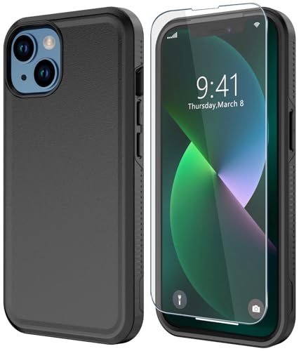 Diverbox for iPhone 13 case [Shockproof] [Dropproof] [Tempered Glass Screen Protector ],Heavy Duty Protection Phone Case Cover for Apple iPhone 13 (Black-2in1)